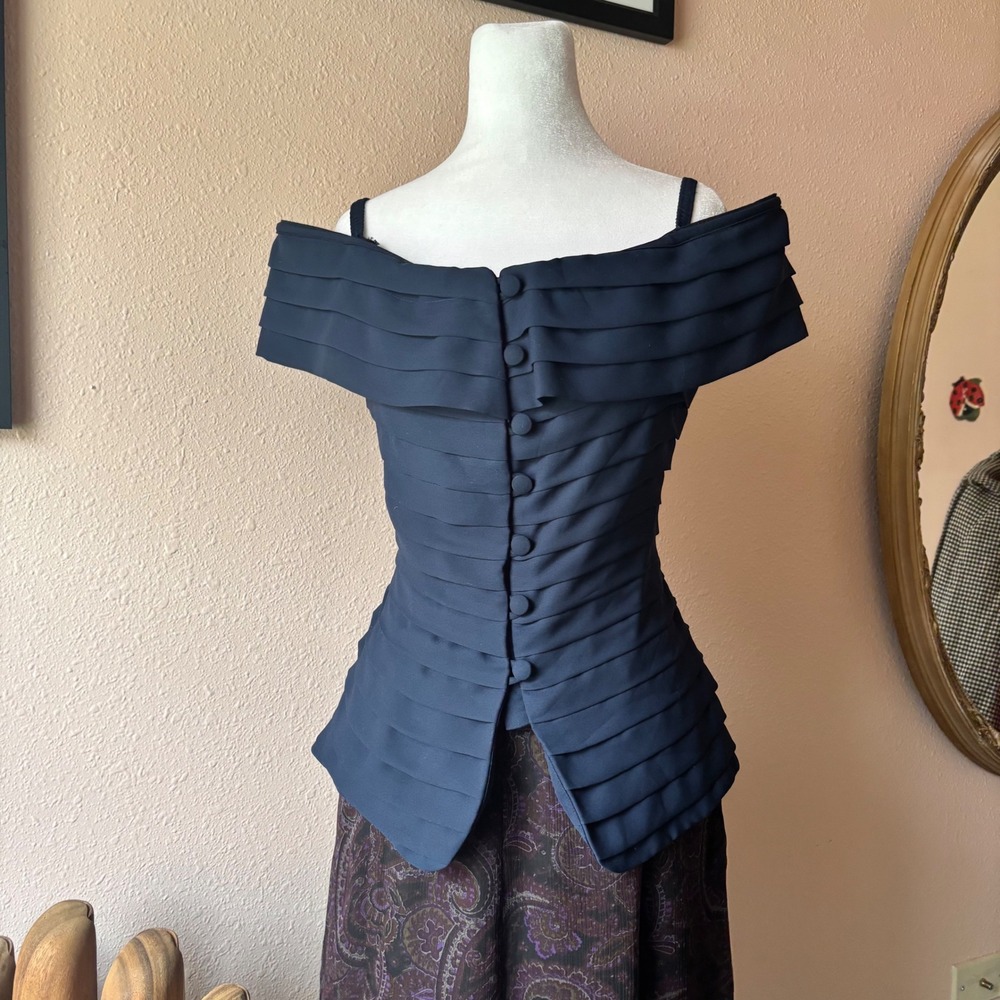 Vintage Navy Off the Shoulder Whimsy Formal Blouse